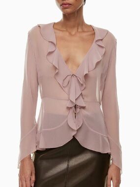 2XS Aritzia WILFRED Faro Sheer Long Sleeve Blouse, Mauve